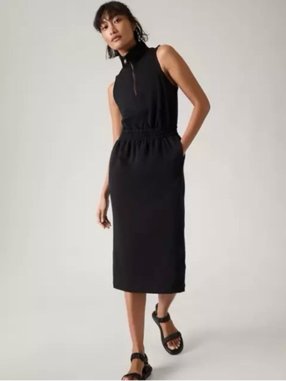 Athleta Black Sleeveless Midi Dress with Zip Mock Neck